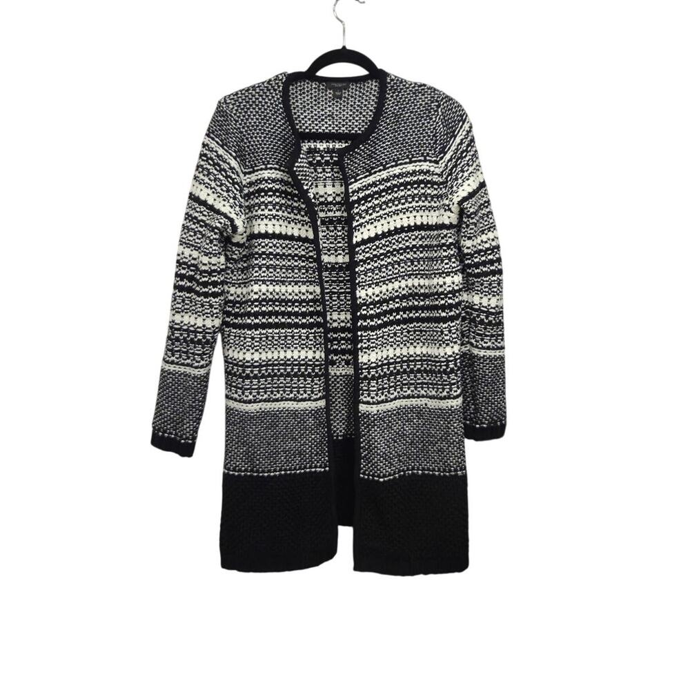 Ann Taylor Factory Black White Striped Knit Open Cardigan Long Womens Size S